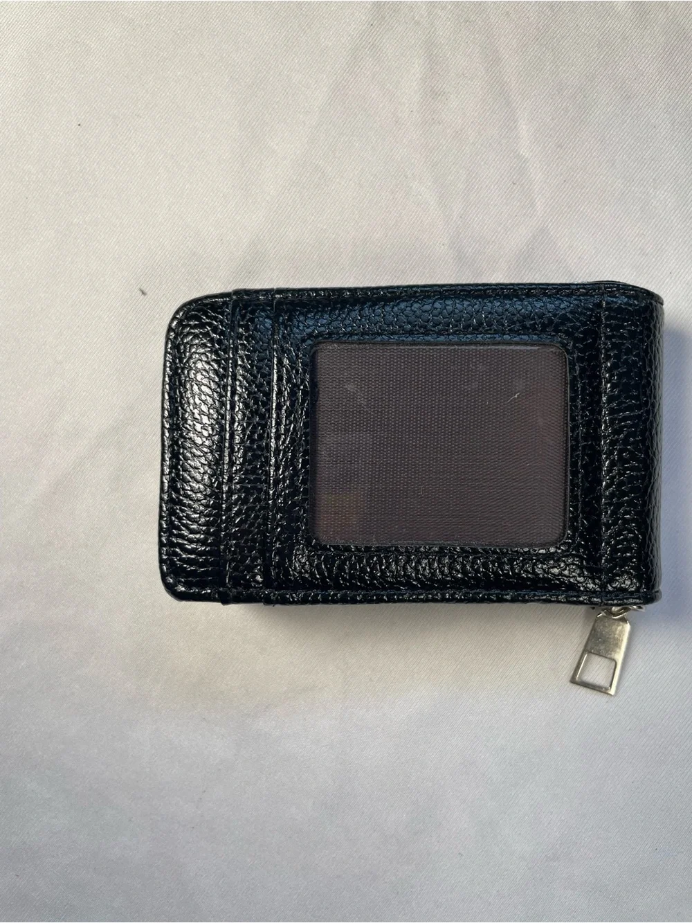 Faux Pebbled Leather Zippered Card Wallet 13 Compartments Clear ID Display GREY